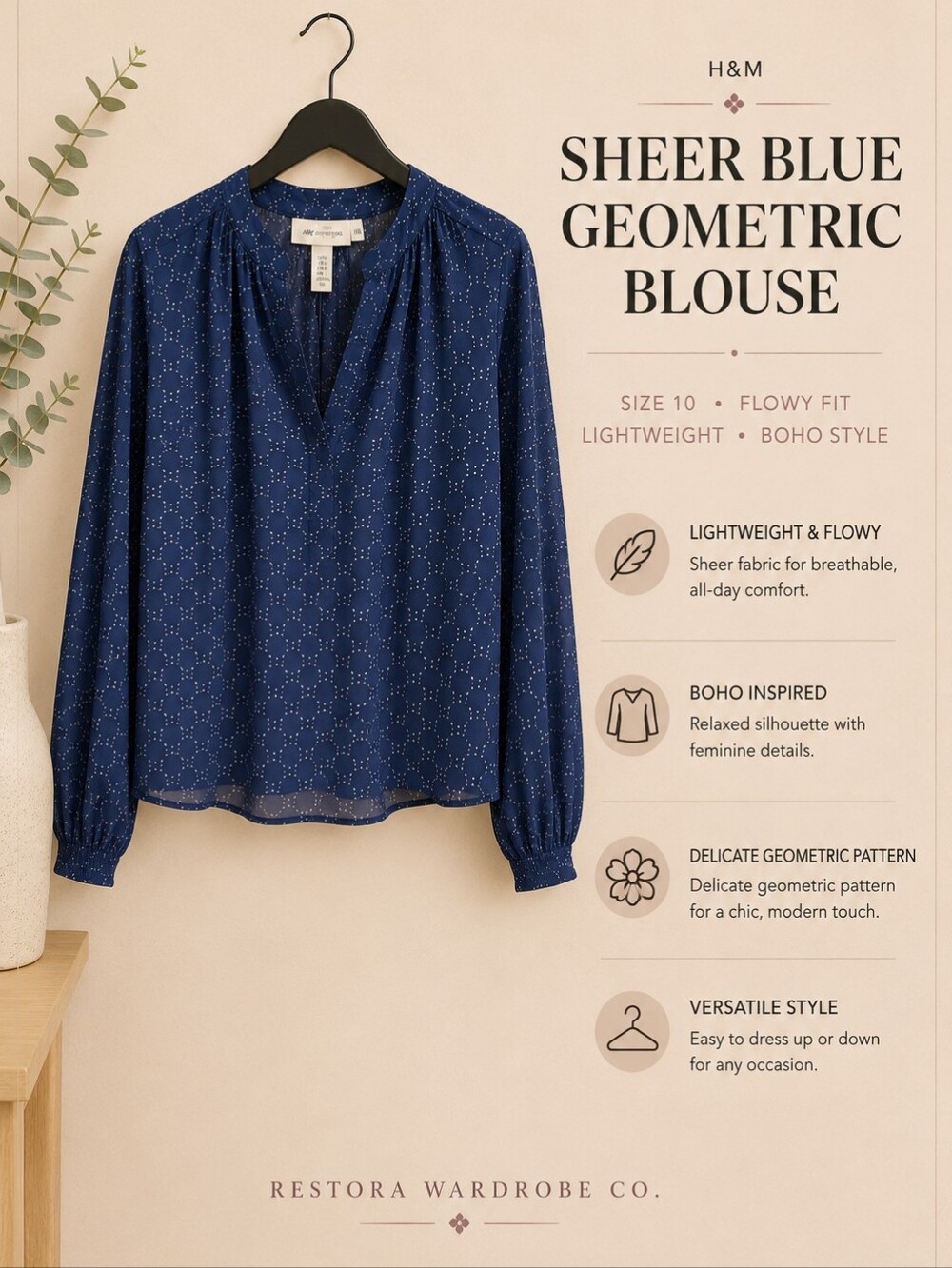 H&M Sheer Blue Geometric Blouse Size 10 Flowy Lightweight Boho Top NWT